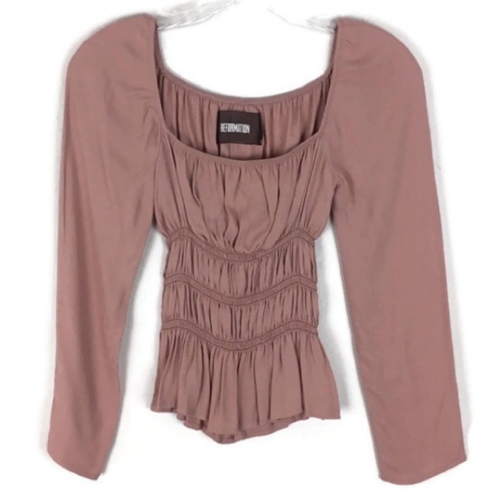 Reformation Ruched Square Neck Long Sleeve Blouse